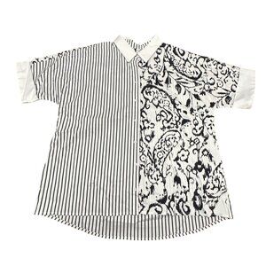 Chico's Shirt Size 3 XL16/18 Black White Poplin Top Dolman Paisley Ikat Top NWT